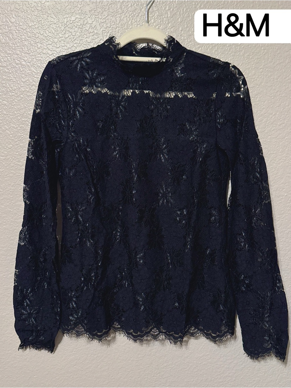 H&M Black Lace Mock Neck Long Sleeve Blouse